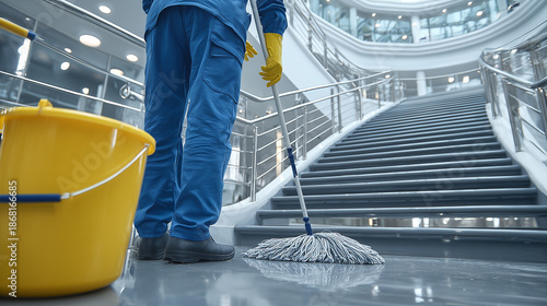 Janitor cleaning modern building floor with mop and yellow bucket, professional commercial cleaning service in corporate environment  