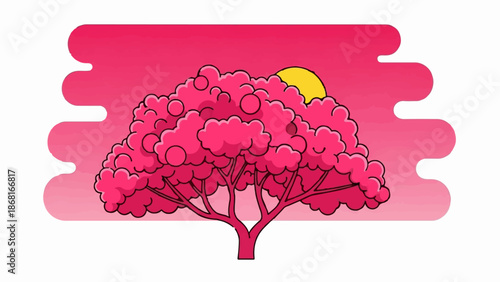 A stylized pink tree with a yellow sun peeking through its vibrant foliage