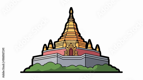 A stylized, golden Buddhist stupa structure with a tiered, pointed spire