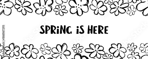 Spring is here.Monochrome brush drawn floral background. Cute seasonal print with ink daisies. Great for greeting card, invitation, banner or poster