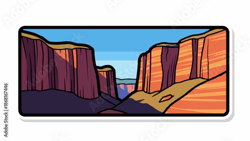 A stylized, graphic depiction of a canyon with layered rock formations under a clear sky