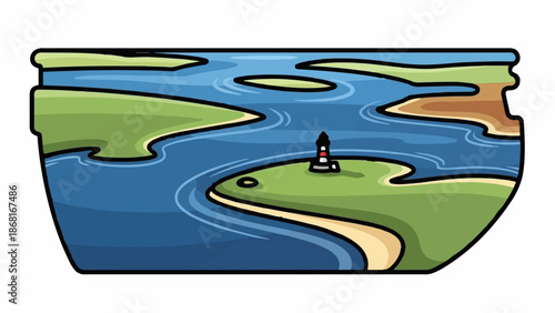 A stylized, graphic landscape depicting a winding blue waterway with green landmasses and a distant lighthouse