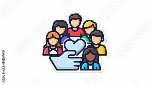 A stylized graphic shows a diverse group of people with a hand and heart