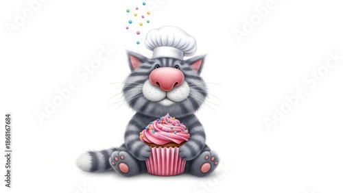 A charming gray striped cat wearing a chef's hat, holding a pink cupcake with sprinkles. AI generated.