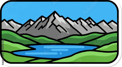A stylized, flat graphic of a blue lake nestled between green rolling hills and a snow-capped mountain range