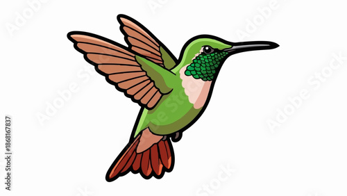 A stylized green hummingbird with orange wings and tail hovers in flight