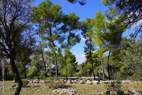 Ruins of a colonnade (stoa) in the Epidavros archaeological site