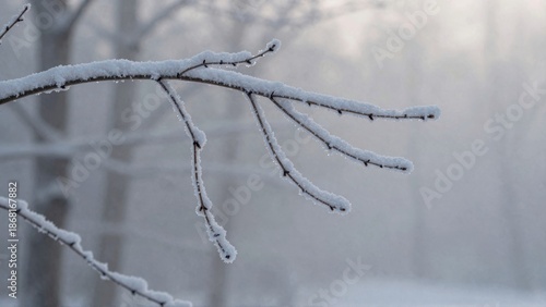 Snowcovered tree branches in foggy forest