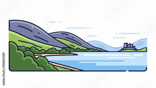 A stylized, flat illustration depicts a serene lake with distant hills and a castle