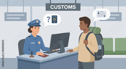 Customs Officer Questioning Traveler
A flat vector illustration of a customs officer calmly questioning a traveler at the checkpoint. Speech bubbles or document icons indicate conversation. 