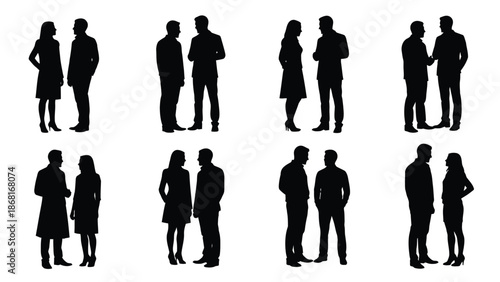 Silhouettes of business people in formal attire interacting in groups