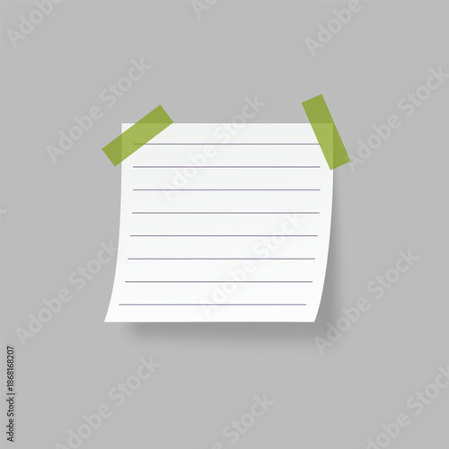 Sticky note with shadow, tape, lined and grid paper. Realistic blank paper sheets for reminders and office notes isolated on grey background.