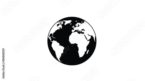 Simple black and white illustration of planet earth with visible continents