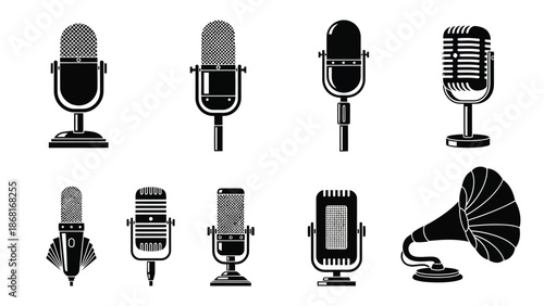 A collection of vintage and modern microphone designs in black and white