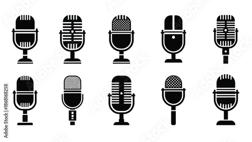 A collection of vintage and modern microphone icons in black and white