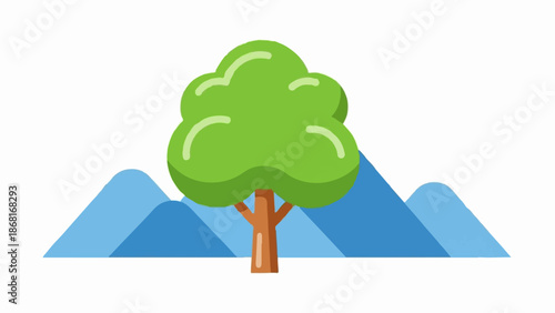 A stylized green tree stands in front of blue, layered hills under a white background
