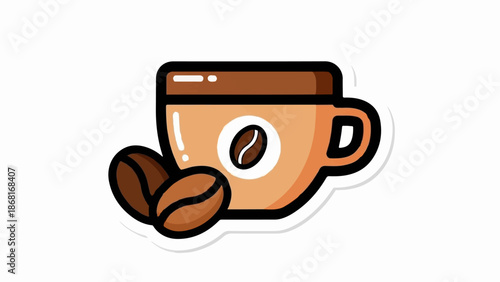 A stylized cup with two coffee beans, one on the cup and two beside it