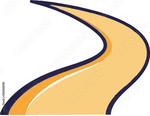 A stylized, curved road or path with a thick dark blue border and lighter orange stripes