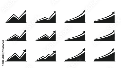 Black and white illustration depicting various upward trending arrow and line graphs