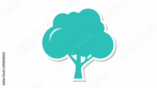 A stylized cyan tree with a rounded canopy and a simple trunk, set against a white background