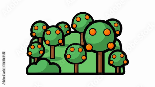 A stylized grove of green trees bearing bright orange fruit on a green hillside
