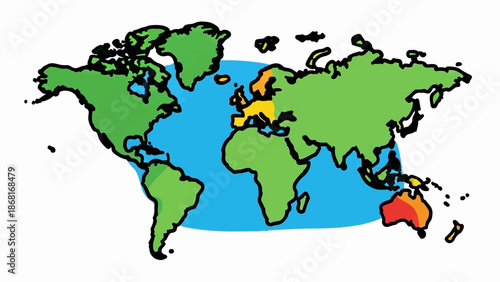 A stylized, hand-drawn world map with continents in green, Europe in yellow, and Australia with red and orange hues