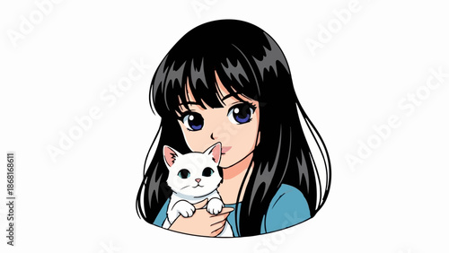 A stylized anime character with long black hair holds a small white kitten with blue-green eyes