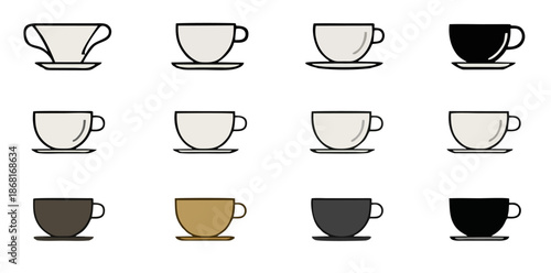 Minimalist coffee cup icons in various colors and styles