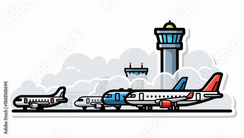 A stylized airport scene with multiple aircraft lined up and a control tower in the background