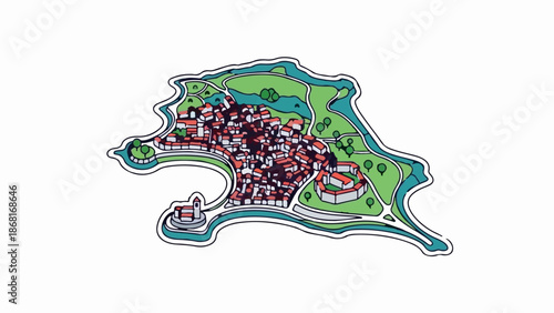 A stylized, aerial view of a European-style town nestled on an island