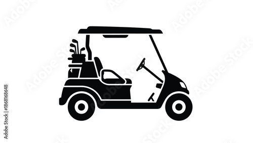 A black silhouette of a golf cart with clubs viewed from the side