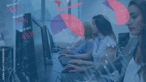 Animation of multicolored infographic interface over multiracial coworkers working on computers