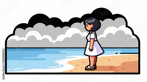A solitary figure in a white dress stands on a beach, gazing at the ocean under a brooding sky
