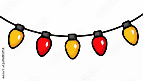 A string of red and yellow festive bulb lights on a black cord