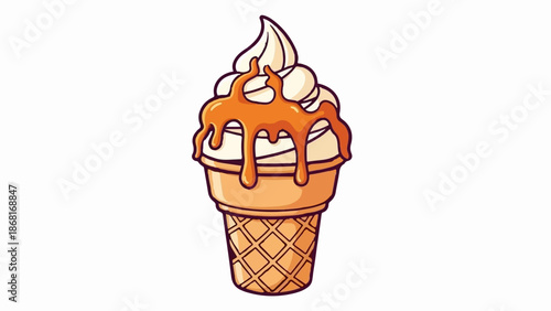 A soft-serve ice cream cone with caramel sauce dripping over it