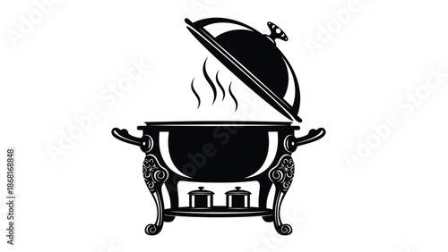 A black and white illustration of a covered serving dish with rising steam