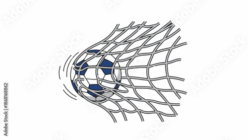 A soccer ball is captured within a taut sports net, with motion lines indicating recent impact