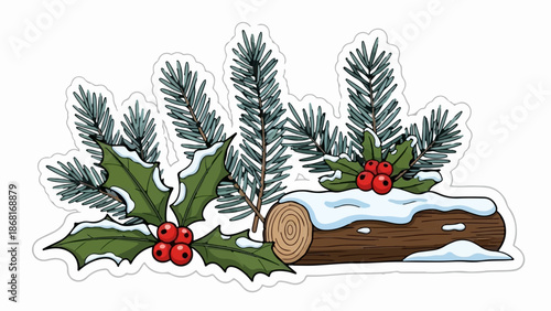 A snowy log with holly and pine branches, evoking winter holidays