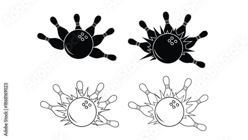 Black and white illustration of bowling pins in various states of impact