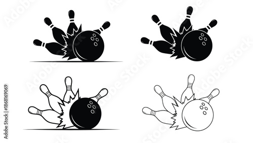 Bowling pins scattered after impact with a black bowling ball illustration