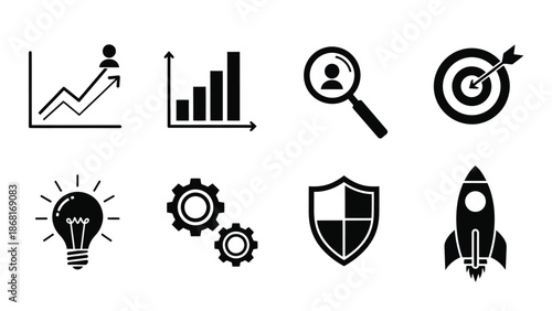 Collection of business and technology icons representing growth analysis and success
