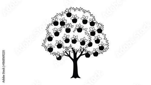 A simple black and white illustration of a tree with dark fruit