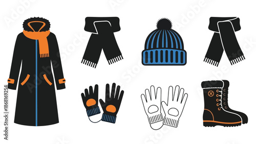 Winter clothing collection coats hats gloves and boots for cold weather