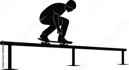 Skateboarder silhouette grinding rail trick, urban street skateboarding action, extreme sport theme, flat black vector illustration, minimal modern design