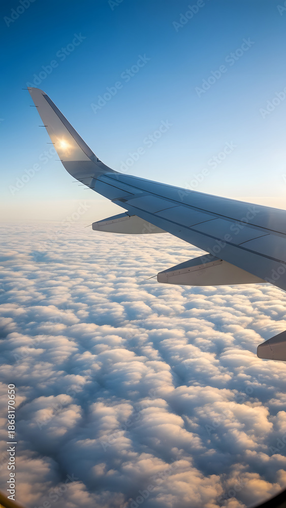Obraz premium Airplane Wing Above Clouds at Golden Hour, Serene Aerial View