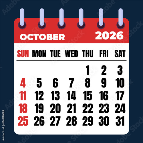 October 2026 Calendar. Desk Calendar 2026, Calendar Page Icon Template Minimalist Calendar with Flat Design