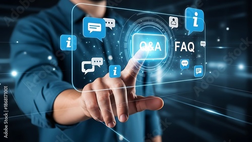 Hand interacting with digital Q and A information technology interface