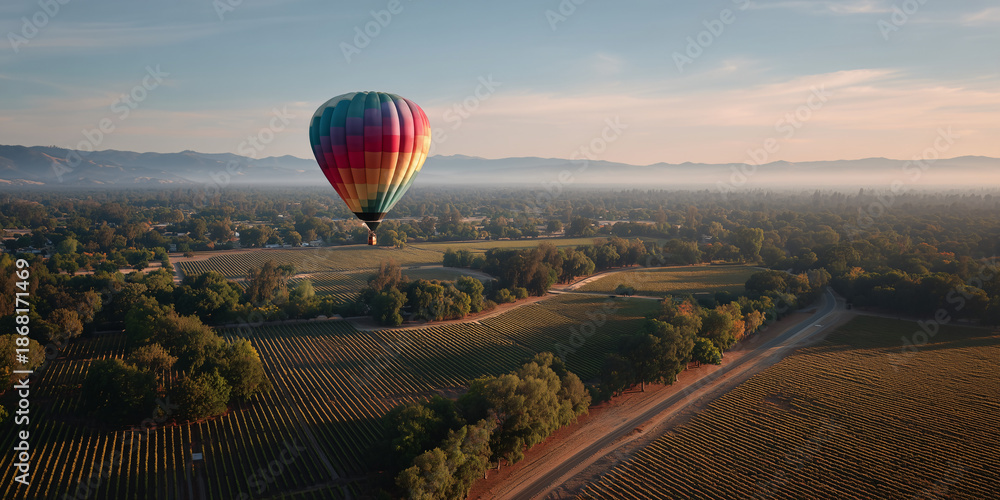 Naklejka premium A scenic shot of a hot air balloon floating above a vineyard, captured during a beautiful sunrise. The colorful balloon adds vibrancy to the natural landscape