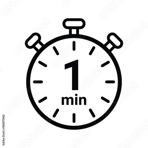One Minute Stopwatch Icon Countdown Timer Symbol Isolated on White Background