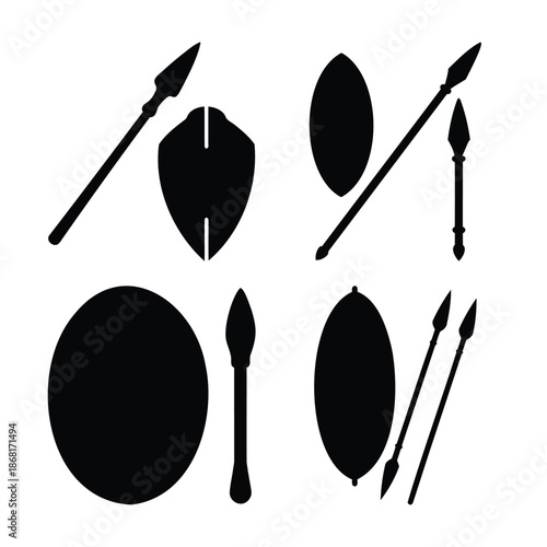 Traditional african tribal weapon and shield silhouettes for design projects